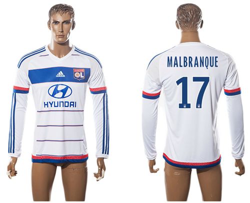 Lyon #17 Malbranque Home Long Sleeves Soccer Club Jersey - Click Image to Close